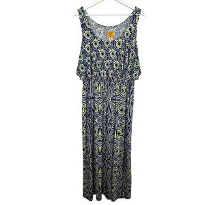 Ruby Rd Plus Size PXL Maxi Dress Tribal Print Navy Lime Sleeveless